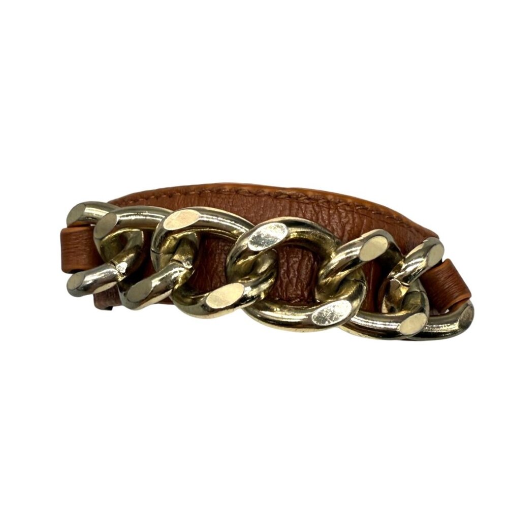 Brown Leather Chain Link Wrap Bangle Bracelet Edgy Chic Cuff Gold Tone Minimal